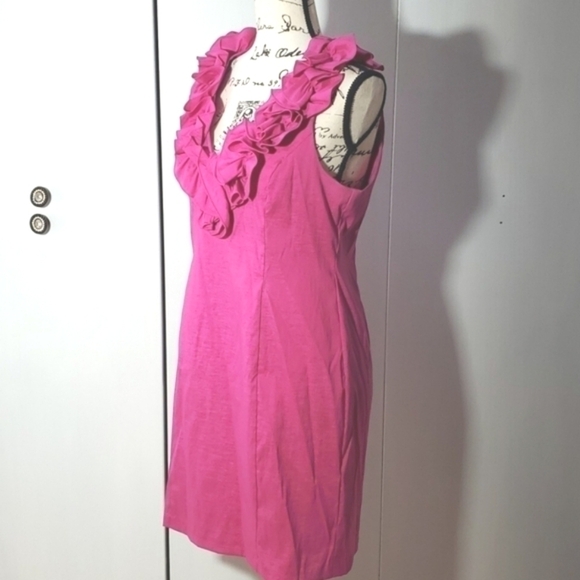 S.L Fashions - Vibrant Pink Ruffle Halter Neckline Midi Dress Sz.12 - Picture 2 of 5